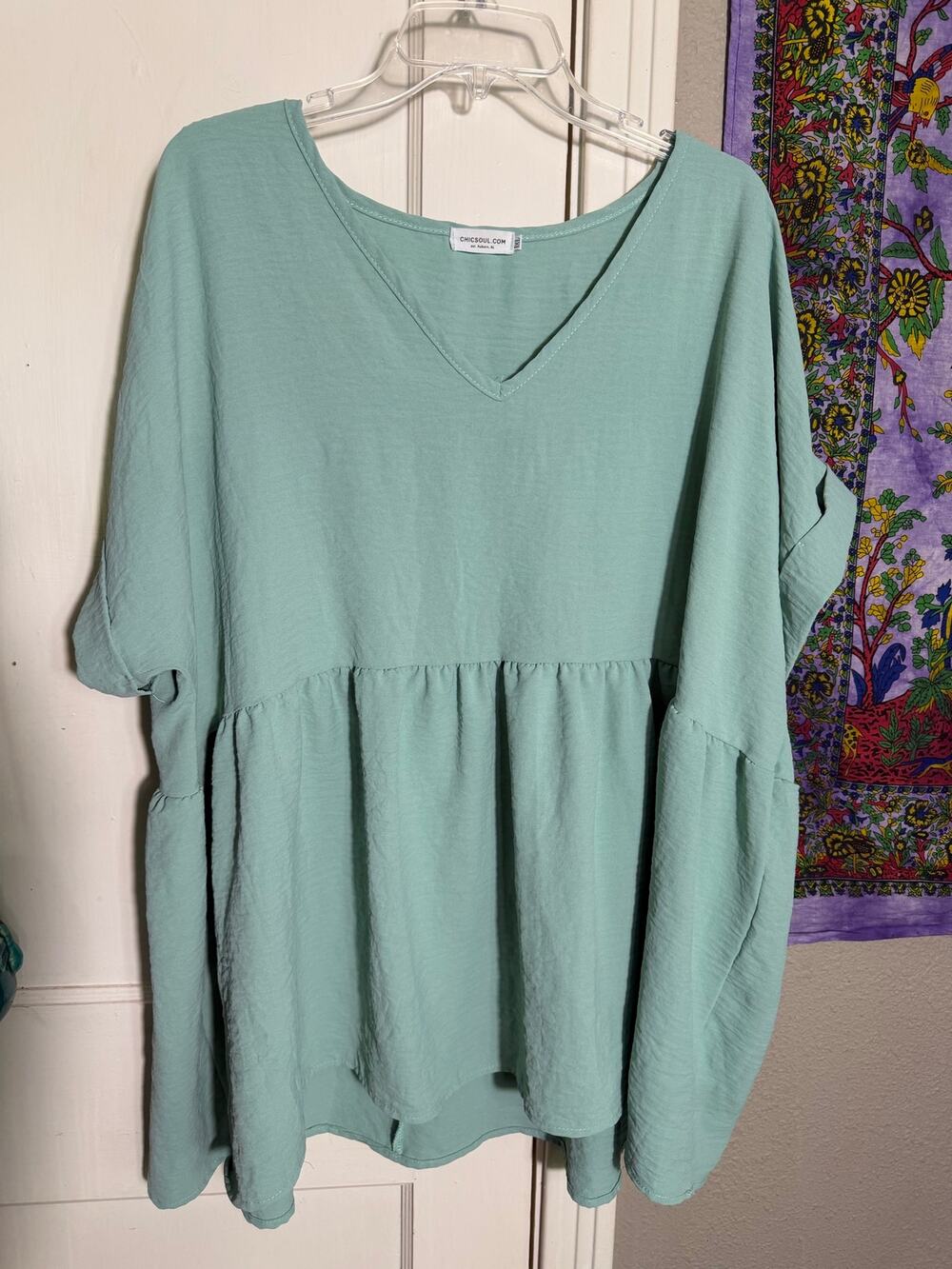 ChicSoul Mint Green Babydoll Blouse 1XL Oversized V-Neck Flowy Tunic Top